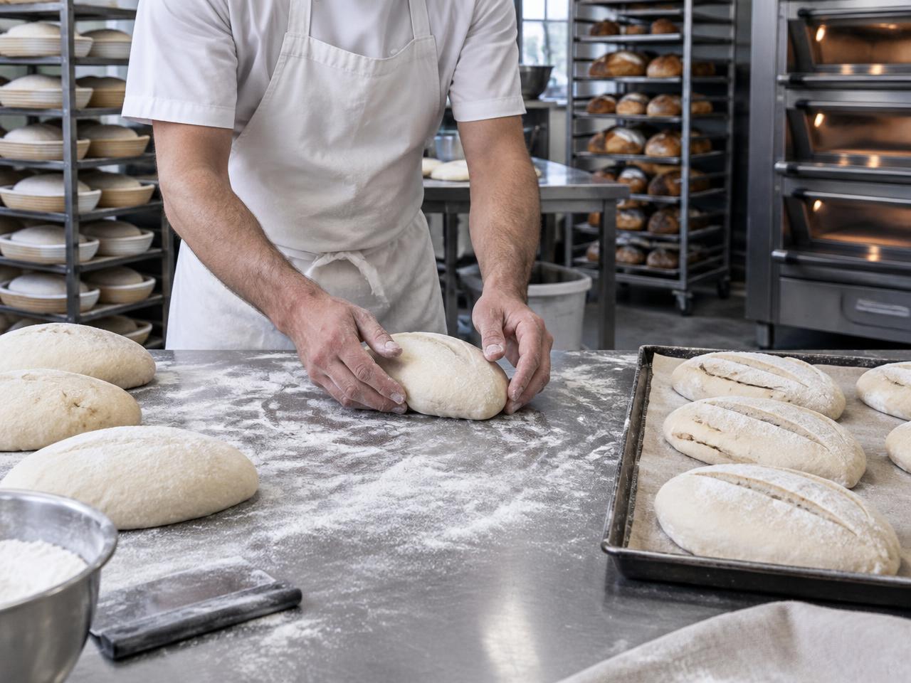 Baker shaping dough at a commercial bakery workbench