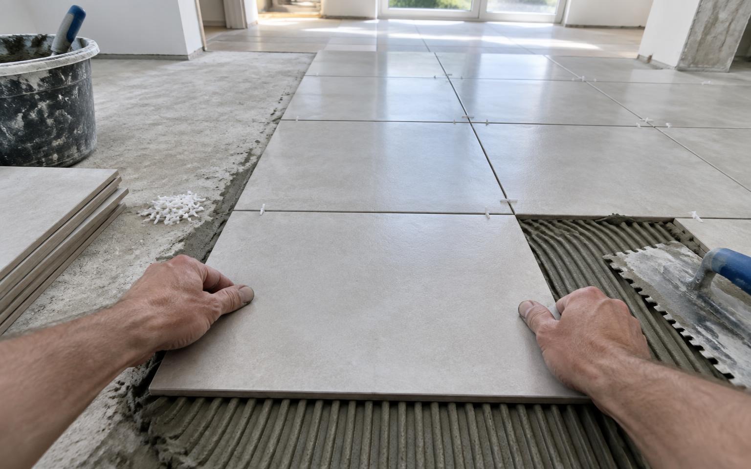 First-person view of a worker laying ceramic floor tiles